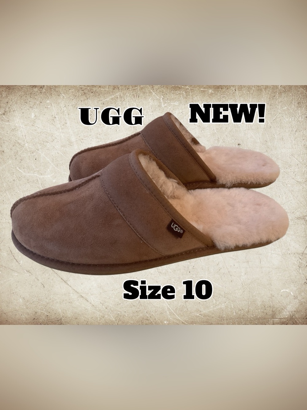 UGG Men’s Chestnut Suede Slip-On Shearling Slippers, Size 10, NEW!